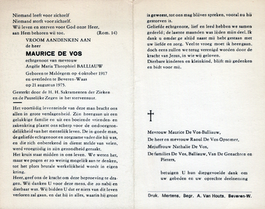 815_22_1797_a Vos, de, Maurice: geboren op 4 oktober 1917 te Maldegem (B), overleden op 21 augustus 1975 te Beveren-Waas