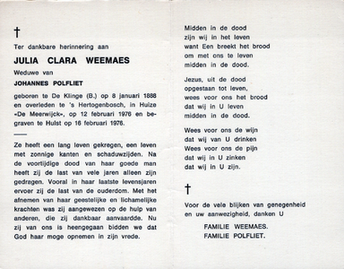 815_23_0407_a Weemaes, Julia Clara: geboren op 8 januari 1888 te De Klinge, overleden op 12 februari 1976 te 's Hertogenbosch
