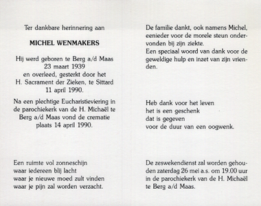 815_23_0597_a Wenmakers, Michiel: geboren op 23 maart 1939 te Berg a/d Maas, overleden op 11 april 1990 te Sittard