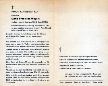 815_23_0868_a Weyers, Maria Francisca: geboren op 20 december 1894 te Sint-Niklaas, overleden op 9 juni 1975 te Beveren-Waas
