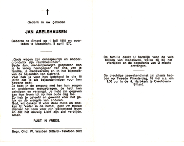 16_01_0007 Abelshausen, Jan : geboren op 1 juli 1918 te Sittard, overleden op 8 april 1970 te Maastricht