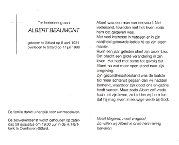 816_02_0020 Beaumont, Albert : geboren op 8 april 1934 te Sittard, overleden op 17 juli 1998 te Sittard