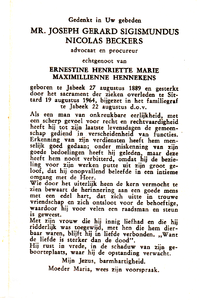 816_02_0032 Beckers, Joseph Gerard Sigismundus Nicolas: geboren op 27 augustus 1889 te Jabeek, overleden op 19 augustus ...