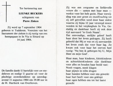 816_02_0214 Beckers, Leenke : geboren op 7 september 1904 te Tudderen, overleden op 14 juni 1984 te Sittard