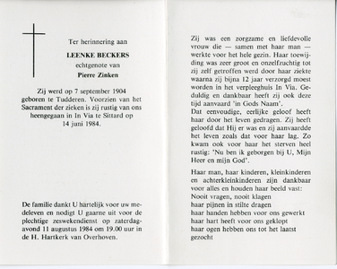 816_02_0246 Beckers, Leenke : geboren op 7 september 1904 te Tudderen, overleden op 14 juni 1984 te Sittard