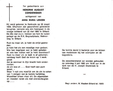 816_03_0125 Cordewener, Hendrik August : geboren op 26 maart 1899 te Kerkrade, overleden op 22 mei 1982 te Sittard