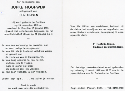 816_08_0040 Hoofwijk, Jupke : geboren op 20 november 1919 te Buchten, overleden op 17 januari 1985 te Buchten