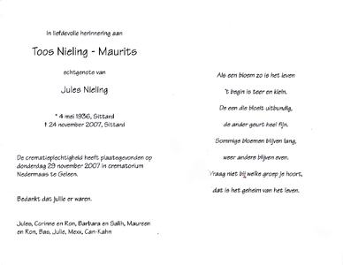 816_13_0046 Maurits, Toos : geboren op 4 mei 1936 te Sittard, overleden op 24 november 2007 te Sittard