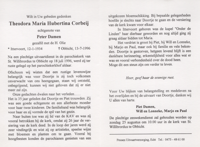 820_012 Corbeij, Theodora Maria Hubertina: geboren op 12 januari 1934 te Ittervoort, overleden op 13 juli 1996 te Obbicht