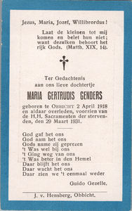820_037 Genders, Maria Gertudis: geboren op 2 april 1918 te Obbicht, overleden op 29 maart 1931 te Obbicht