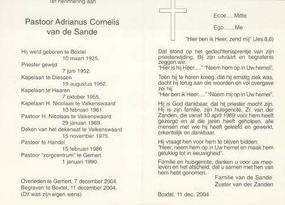 822_822_074 Sande , van de, Adrianus Cornelis: geboren op 10 maart 1952 te Boxtel, overleden op 7 december 2004 te Gemert