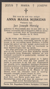 824_2024_KPB_N_0014 Nijskens, Anna Maria : geboren op 12 juli 1859 te Nieuwstadt, overleden op 2 augustus 1937 te Sittard