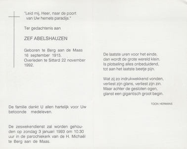 826_env-A1_0050 Abelshauzen, Zef: geboren op 16 september 1915 te Berg aan de Maas, overleden op 22 november 1992 te Sittard