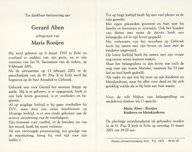 826_env-A1_0072 Aben, Gerard: geboren op 6 maart 1919 te Echt, overleden op 9 februari 2001