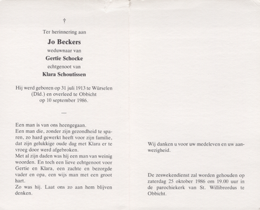 826_env-B2_0025 Beckers , Jo: geboren op 31 juli 1913 te Wurselen (Dld) , overleden op 10 september 1986 te Obbicht
