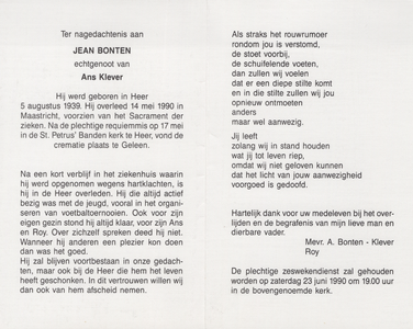 826_env-B3_0018 Bonten , Jean : geboren op 5 augustus 1939 te Heer , overleden op 14 mei 1990 te Maastricht