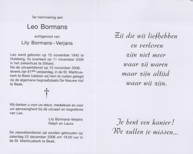 826_env-B3_0026 Bormans , Leo : geboren op 15 november 1945 te Hulsberg , overleden op 11 november 2006 te Sittard