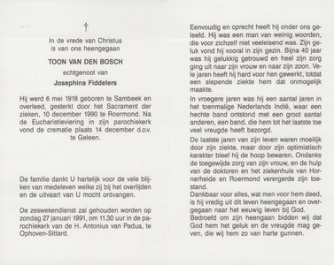 826_env-B3_0033 Bosch , van den , Toon : geboren op 6 mei 1918 te Sambeek , overleden op 10 december 1990 te Roermond