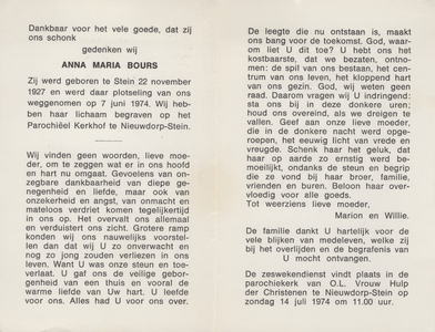 826_env-B3_0044 Bours , Anna Maria : geboren op 22 november 1927 te Stein , overleden op 7 juni 1974 te Stein