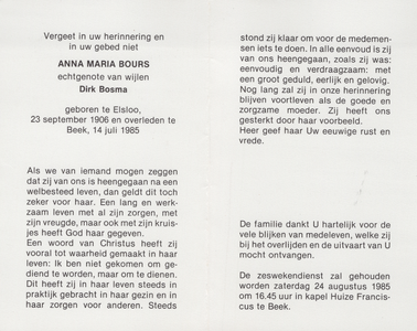 826_env-B3_0045 Bours , Anna Maria : geboren op 23 september 1906 te Elsloo , overleden op 14 juli 1985 te Beek