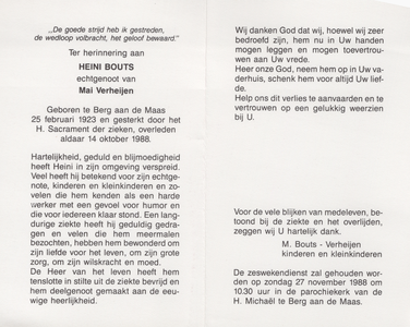 826_env-B3_0065 Bouts , Heine: geboren op 25 februari 1923 te Berg aan de Maas , overleden op 14 oktober 1988 te Berg ...