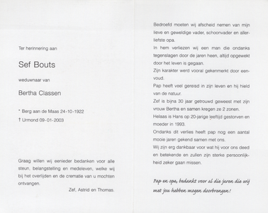 826_env-B3_0067 Bouts , Sef : geboren op 24 oktober 1922 te Berg aan de Maas , overleden op 09 januari 2003 te Urmond