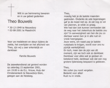 826_env-B3_0068 Bouwels , Theo: geboren op 30 december 1949 te Nieuwdorp Stein , overleden op 2 augustus 2001 te Maastricht