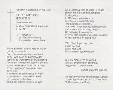 826_env-B3_0069 Bouwens , Pieter Mathijs : geboren op 01 februari 1914 te Ulestraten Waterval , overleden op 2 ...