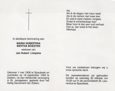 826_env-B3_0070 Boesten , Maria Hubertina Bertha : geboren op 1 mei 1908 te Spaubeek , overleden op 18 september 1993 ...