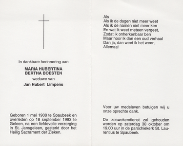 826_env-B3_0071 Boesten , Maria Hubertina Bertha : geboren op 01 mei 1908 te Spaubeek , overleden op 18 september 1993 ...