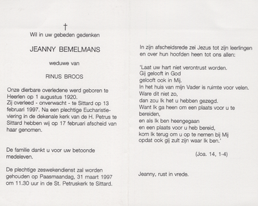 826_env-B3_0078 Bemelmans , Jeanny : geboren op 01 augustus 1920 te Heerlen , overleden op 13 februari 1997 te Sittard