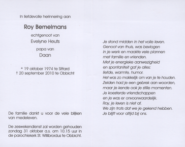 826_env-B3_0080 Bemelmans , Roy: geboren op 19 oktober 1974 te Sittard , overleden op 20 september 2010 te Obbicht