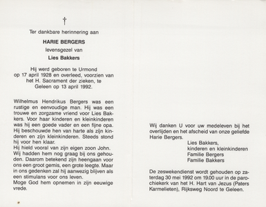 826_env-B3_0083 Bergers , Harie : geboren op 17 april 1928 te Urmond , overleden op 13 april 1992 te Geleen