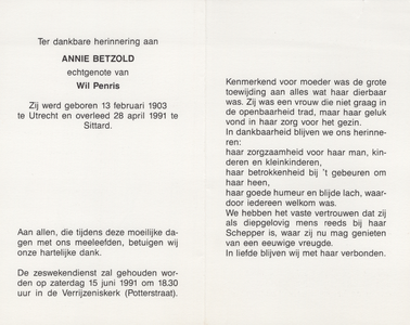 826_env-B3_0096 Betzold , Annie : geboren op 28 april 1991 te Utrecht , overleden op 28 april 1991 te Sittard