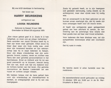 826_env-B3_0099 Beurskens , Harry : geboren op 13 juni 1929 te Kessel , overleden op 26 augustus 1979 te Sittard