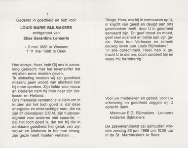 826_env-B3_0102 Bijlmakers , Louis Marie : geboren op 2 mei 1922 te Wessem, overleden op 11 mei 1988 te Beek