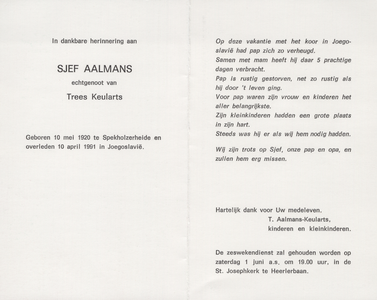 827_007 Aalmans, Sjef: geboren op 10 mei 1920 te Spekholzerheide, overleden op 10 april 1991 te Joegoslavië