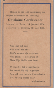 827_054 Cordewener, Ghislaine: geboren op 15 januari 1956 te Breda , overleden op 12 mei 1956 te Heerlen
