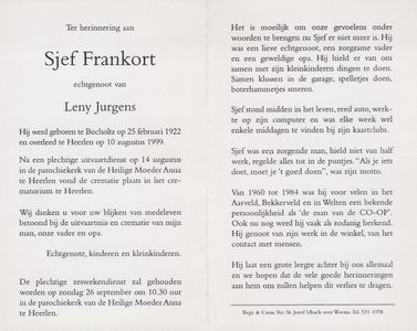 827_118 Frankort, Sjef: geboren op 25 februari 1922 te Bocholtz, overleden op 10 augustus 1999 te Heerlen