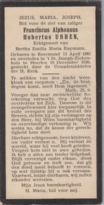 827_409 Ubben, Franciscus Alphonsus Hubertus : geboren op 11 april 1881 te Roermond, overleden op 16 december 1939 te Heerlen