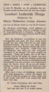 827_412 Ubags, Lambert Lodewijk: geboren op 5 augustus 1890 te Voerendaal, overleden op 11 augustus 1953 te Heerlen