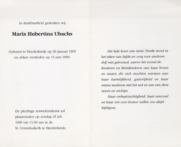 827_413 Ubachs, Maria Hubertina: geboren op 30 januari 1905 te Heerlerheide, overleden op 14 juni 1999 te Heerlerheide