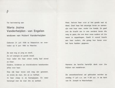 827_414 Vanderheijden-van Engelen, Maria Jozina: geboren op 21 juli 1930 te Maassluis, overleden op 9 juni 1983 te Heerlen