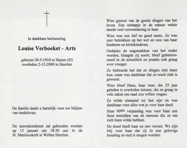 827_417 Verboeket-Arts, Louise: geboren op 30 mei 1910 te Hamm (D.), overleden op 2 december 2000 te Heerlen