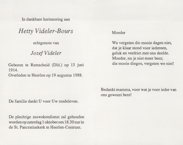 827_423 Videler-Bours, Hetty: geboren op 13 juni 1914 te Remscheid (D.), overleden op 19 augustus 1988 te Heerlen