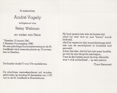 827_429 Vogely, André: geboren op 12 maart 1941 te Heerlen, overleden op 9 november 1990 te Heerlen