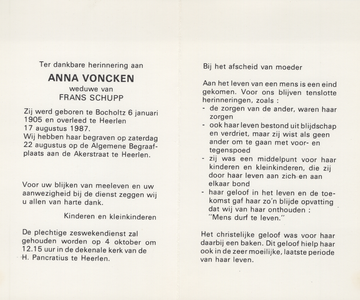 827_432 Vonken, Anna: geboren op 6 januari 1905 te Bocholtz, overleden op 17 augustus 1987 te Heerlen