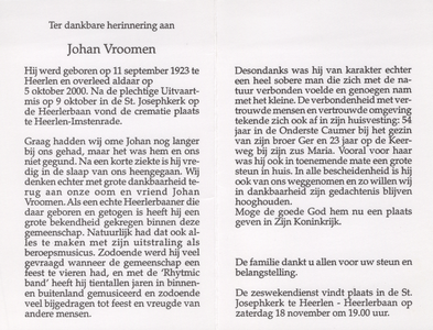 827_437 Vroomen, Johan: geboren op 11 september 1923 te Heerlen, overleden op 5 oktober 2000 te Heerlen