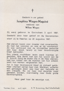 827_439 Wingen-Maquiné, Josephina : geboren op 3 april; 1887 te Gorinchem, overleden op 22 augustus 1967 te Heerlen