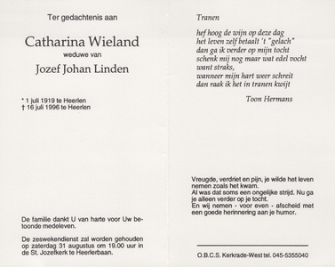 827_442 Wieland, Catharina : geboren op 1 juli 1919 te Heerlen, overleden op 16 juli 1996 te Heerlen